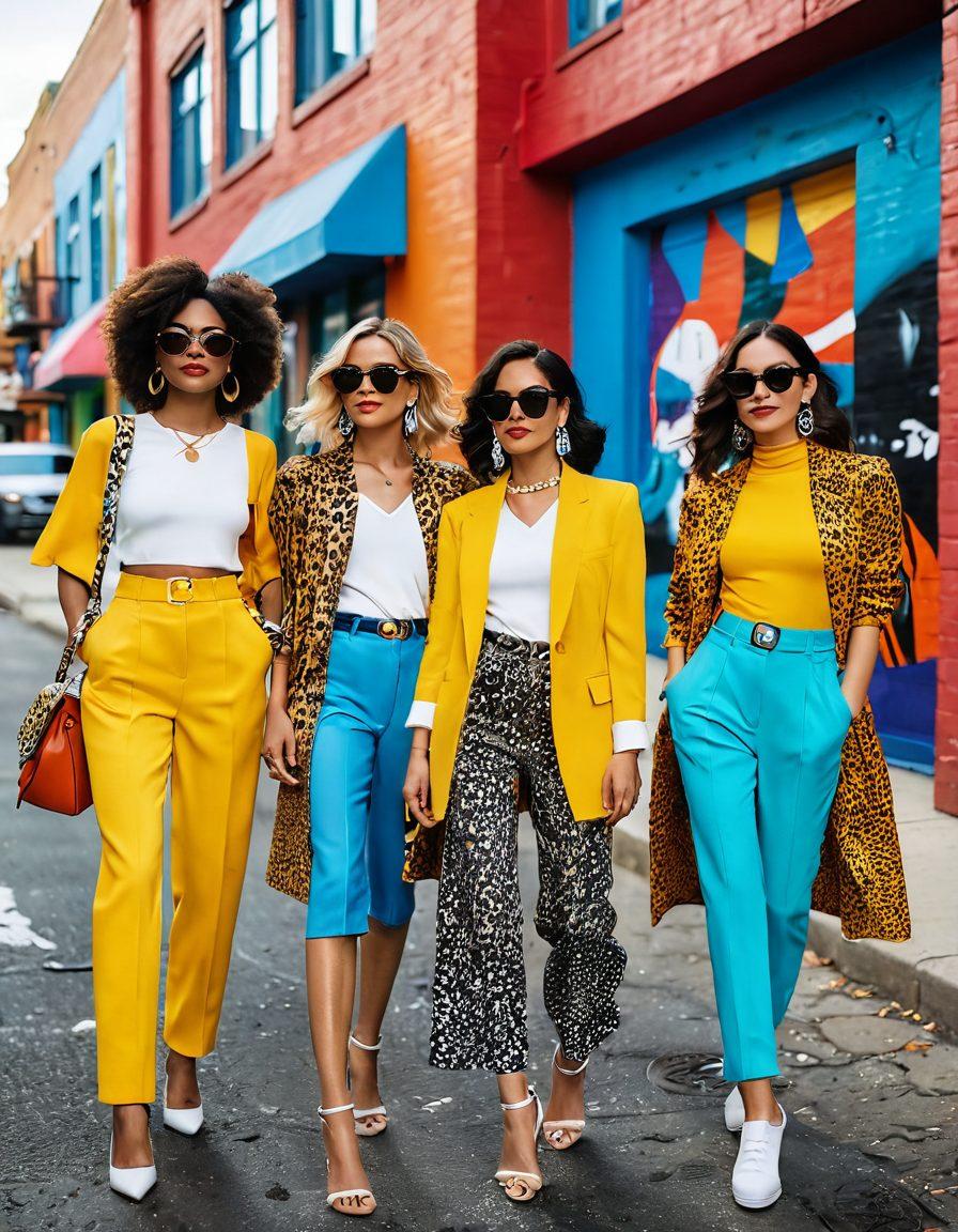A diverse group of fashionable individuals exploring a vibrant city street, showcasing bold and playful outfits with eye-catching colors and patterns. Include whimsical accessories like oversized sunglasses and statement jewelry. The background features colorful murals and lively urban elements. The scene should evoke a sense of confidence and creativity. super-realistic. vibrant colors. urban setting.