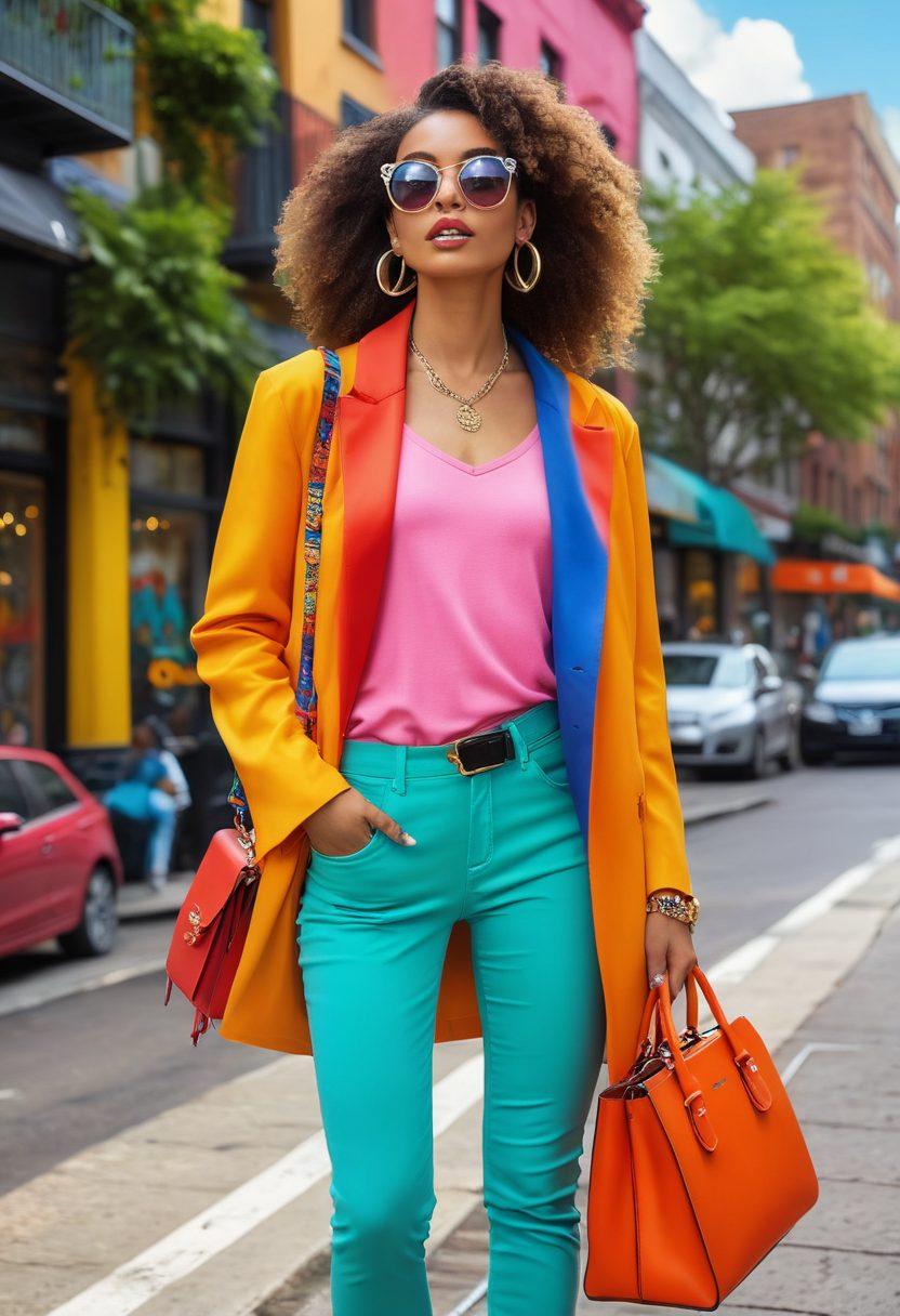 A stylish young woman confidently wearing colorful, trendy outfits showcasing various affordable fashion styles. Surround her with chic accessories like bold handbags, statement jewelry, and stylish shoes. The background features a vibrant, fashionable cityscape with street art and lush greenery, symbolizing lively trends. Bright and eye-catching colors enhance the overall energy of the image. super-realistic. vibrant colors. 3D.