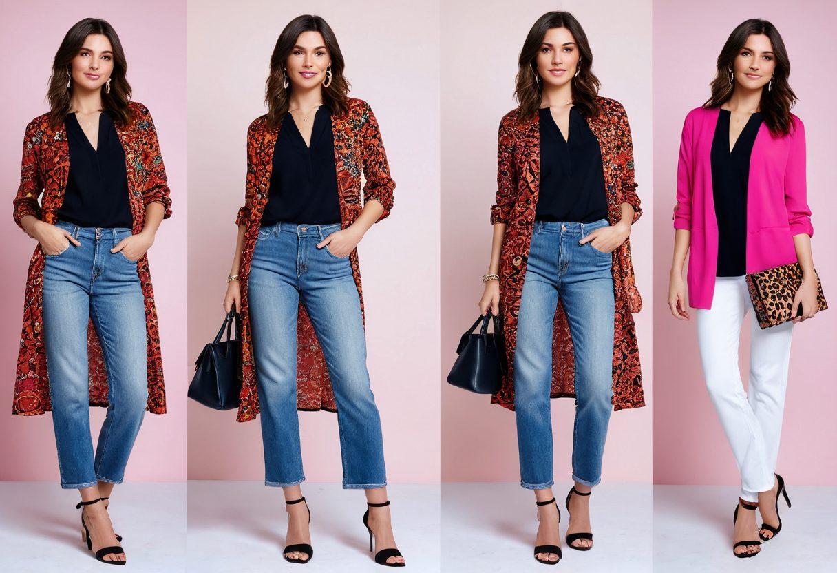 A split image showcasing a casual outfit on one side, transitioning into a chic and bold dressy look on the other. Include a flowy dress with vibrant patterns and striking accessories on the chic side, contrasted with relaxed jeans and a simple top on the casual side. The background should have a soft gradient that shifts from light to dark, symbolizing the transformation. Add elements like high heels and statement jewelry to enhance the boldness of the dressy side. super-realistic. vibrant colors. soft gradient background.
